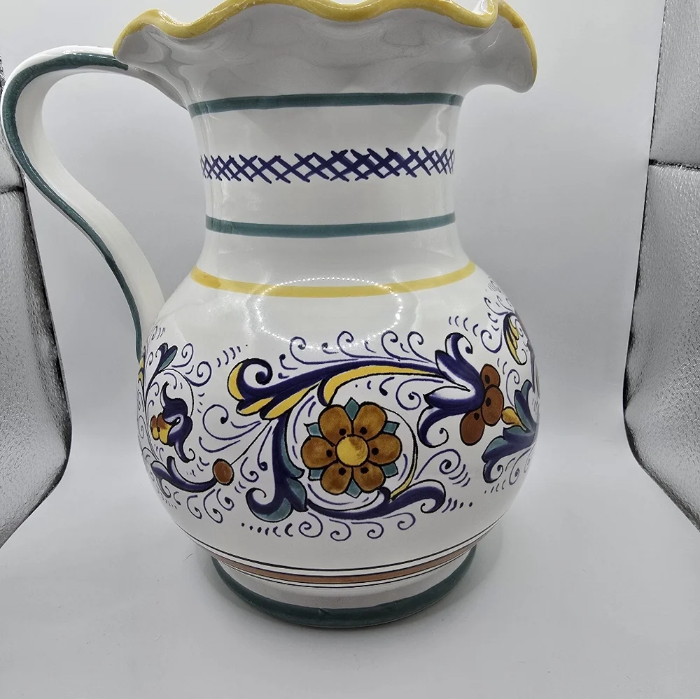 Sur La Table Pitcher Made In Italy Hand Painted Pottery Scalloped Rim Beautiful